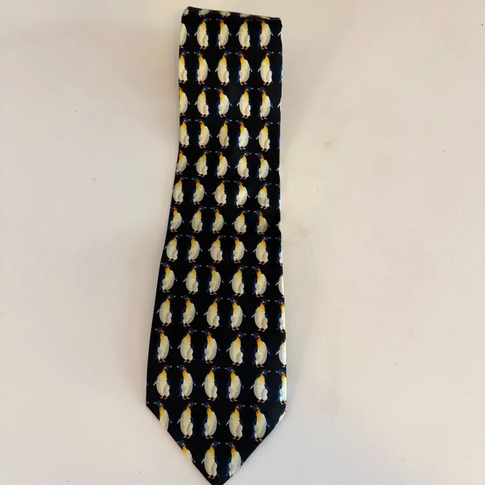 Michel Rouen Soie Mens Black Repeat Penguin Pointed Adjustable Pure Silk Necktie
